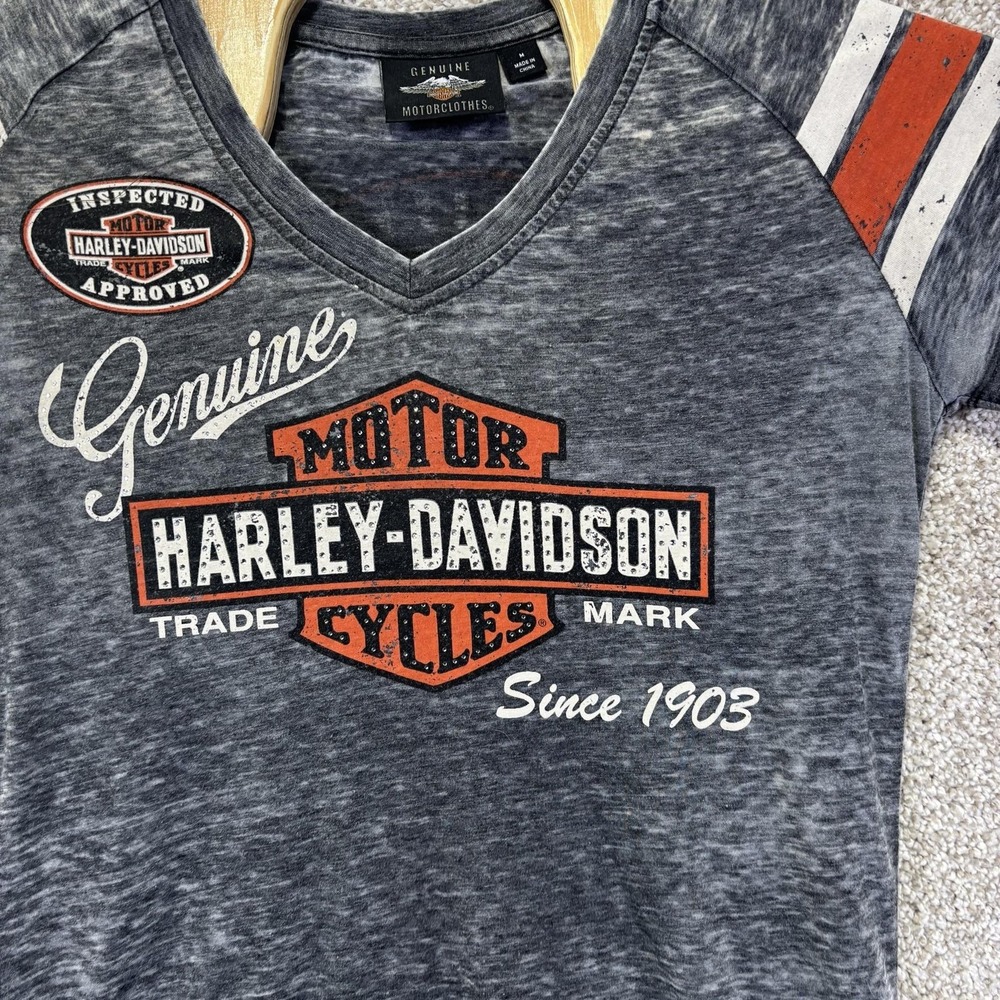Harley Davidson Shirt Womens Medium Gray V Neck Rhinestone Motorcycle Tee - Picture 2 of 8